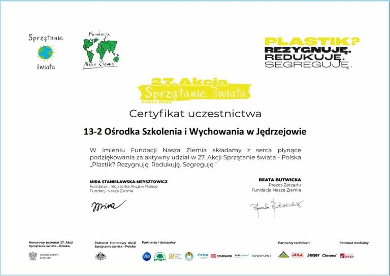CERTYFIKAT  DLA OŚRODKA W JĘDRZEJOWIE