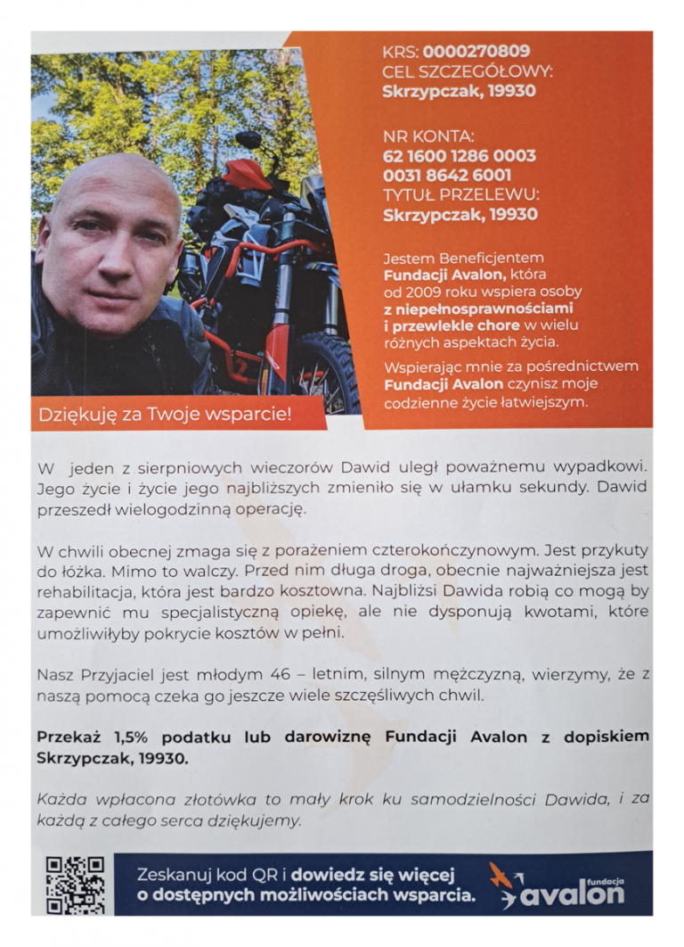 Prośba o wsparcie w leczeniu i kosztownej rehabilitacji Dawida Skrzypczaka