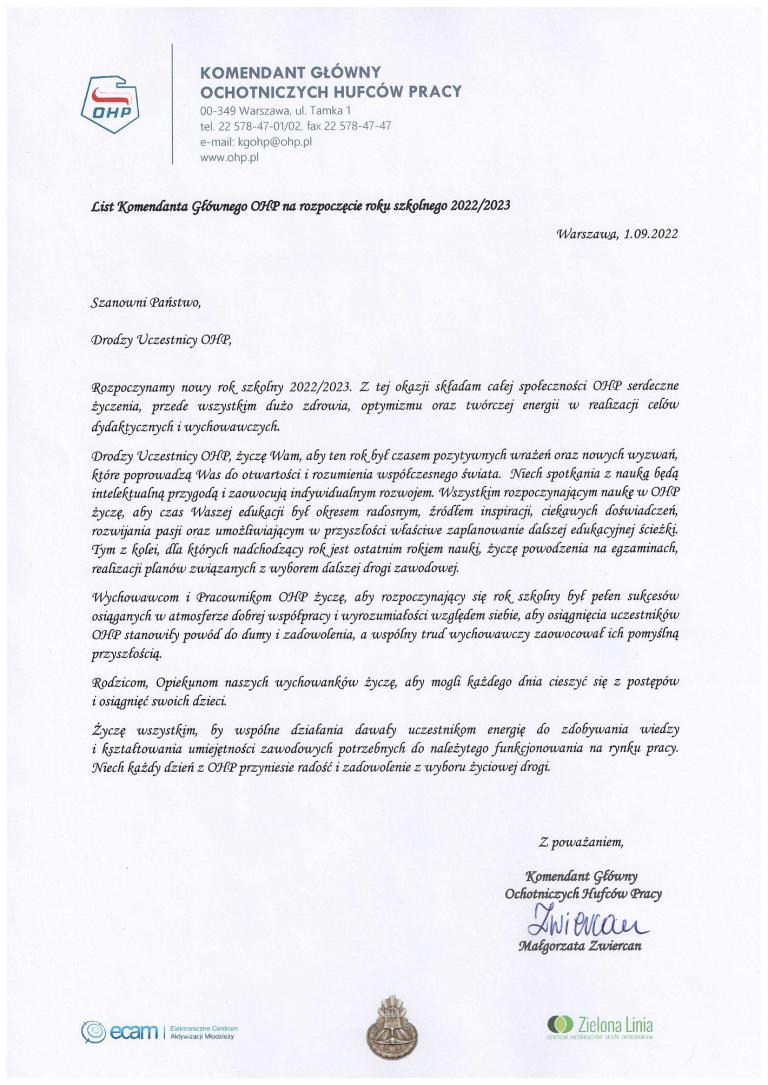 List inauguracyjny rok szkoleniowy 2022/2023.
