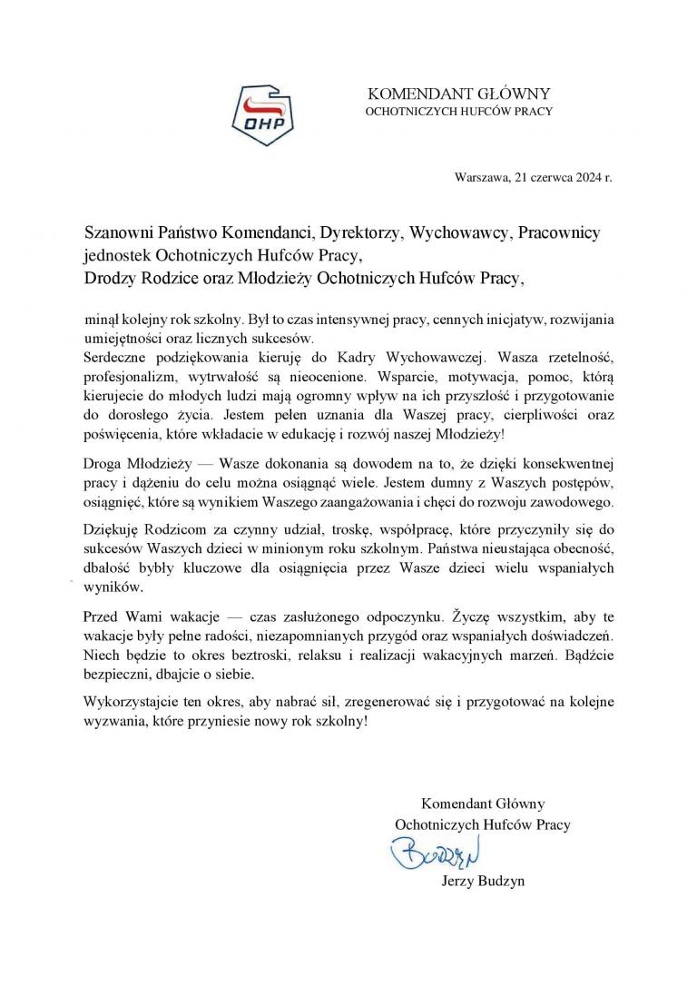 List Komendanta Głównego Ochotniczych Hufców Pracy z okazji zakończenia roku szkolnego