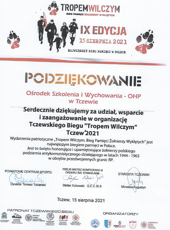 Podziękowanie dla Ośrodka Szkolenia i Wychowania w Tczewie