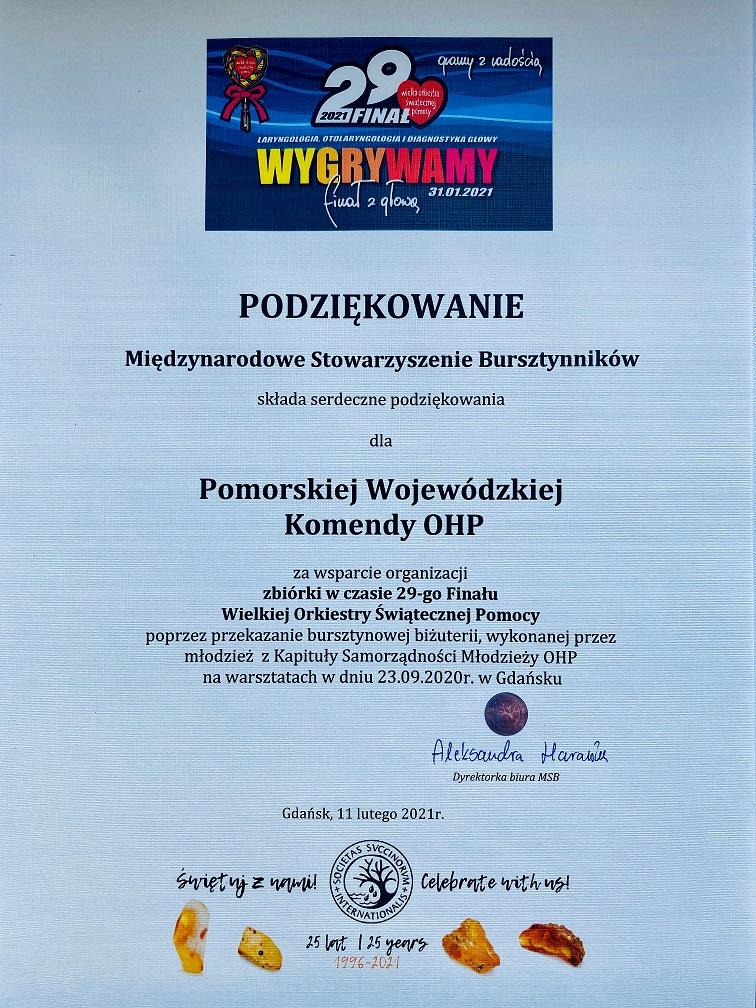 Podziękowanie dla Pomorskiej Wojewódzkiej Komendy OHP