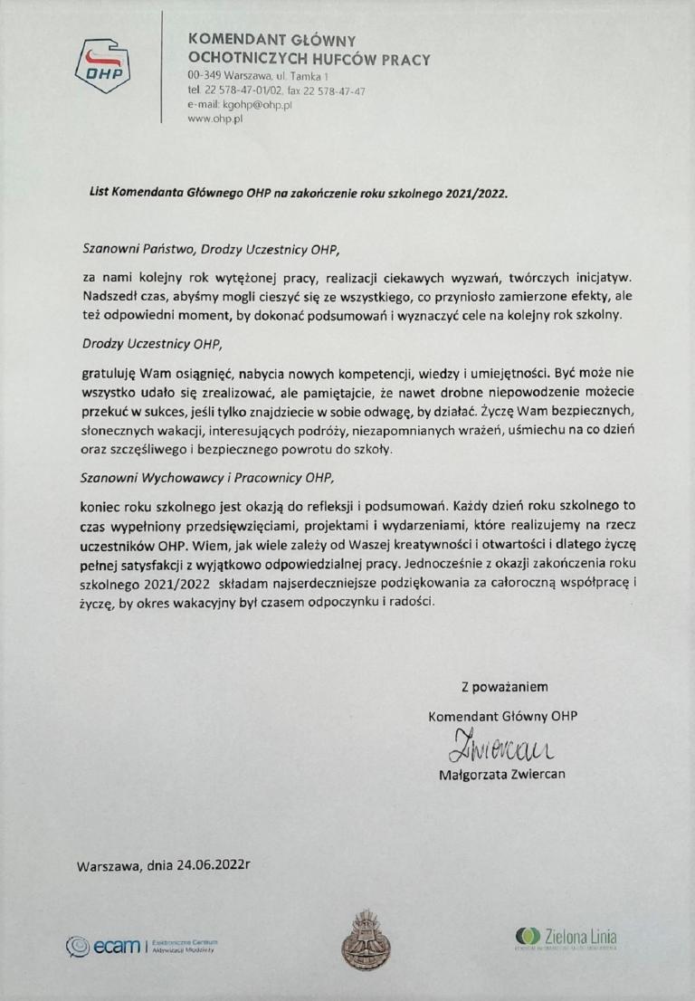 List z okazji zakończenia roku szkoleniowego 2021/2022