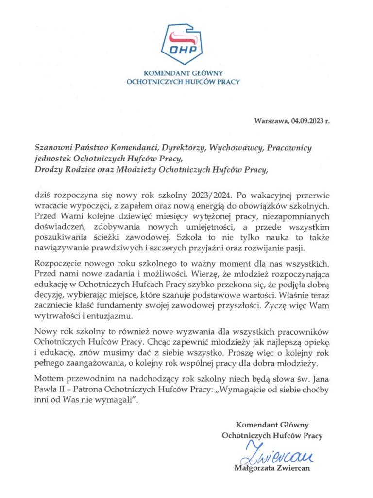 List Komendanta Głównego Ochotniczych Hufców Pracy Małgorzaty Zwiercan