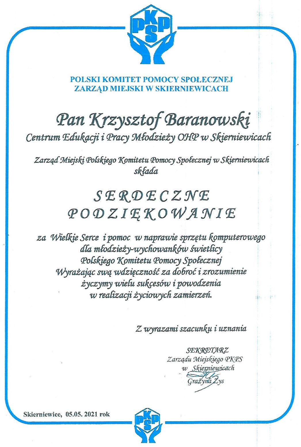 podziękowanie Krzysztof Baranowski
